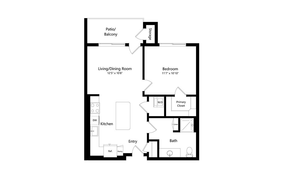 A1 - 1 bedroom floorplan layout with 1 bath and 658 square feet.