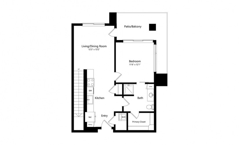 A2 Loft - 2 bedroom floorplan layout with 1 bath and 969 square feet.
