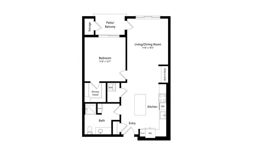 A3 - 1 bedroom floorplan layout with 1 bath and 818 square feet.