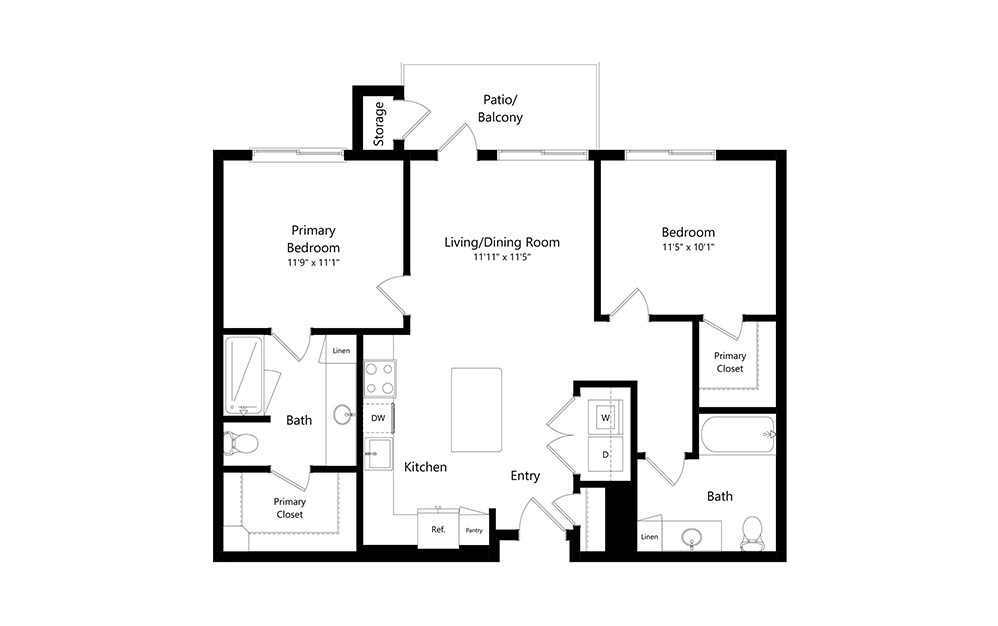 B1 - 2 bedroom floorplan layout with 2 baths and 961 square feet. (Preview)