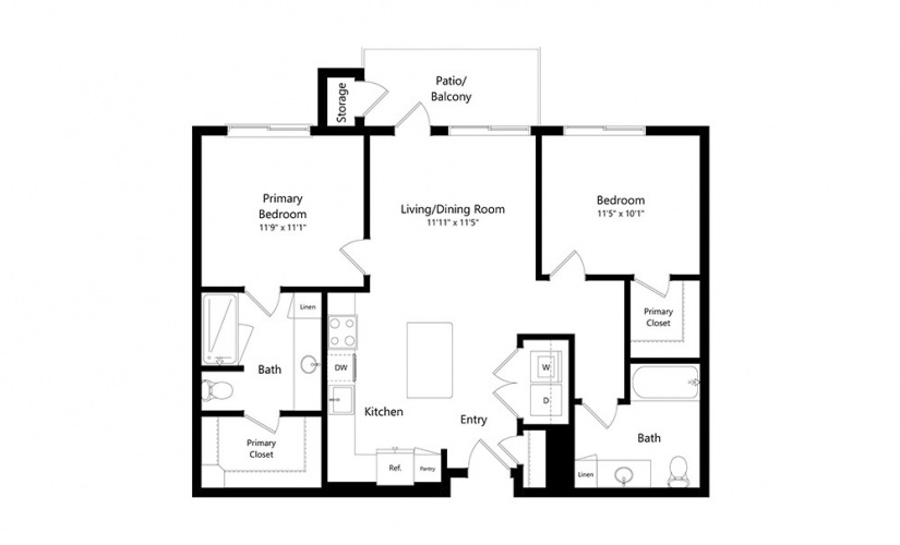 B1 - 2 bedroom floorplan layout with 2 baths and 961 square feet.