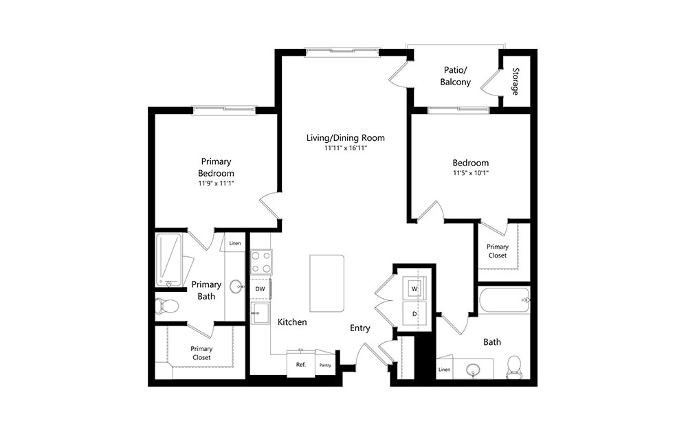 B2 - 2 bedroom floorplan layout with 2 baths and 1047 square feet.