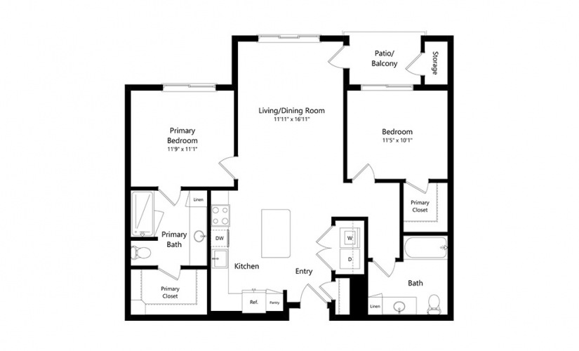 B2 - 2 bedroom floorplan layout with 2 baths and 1047 square feet.