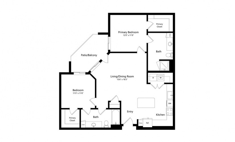 B4 - 2 bedroom floorplan layout with 2 baths and 1110 square feet.