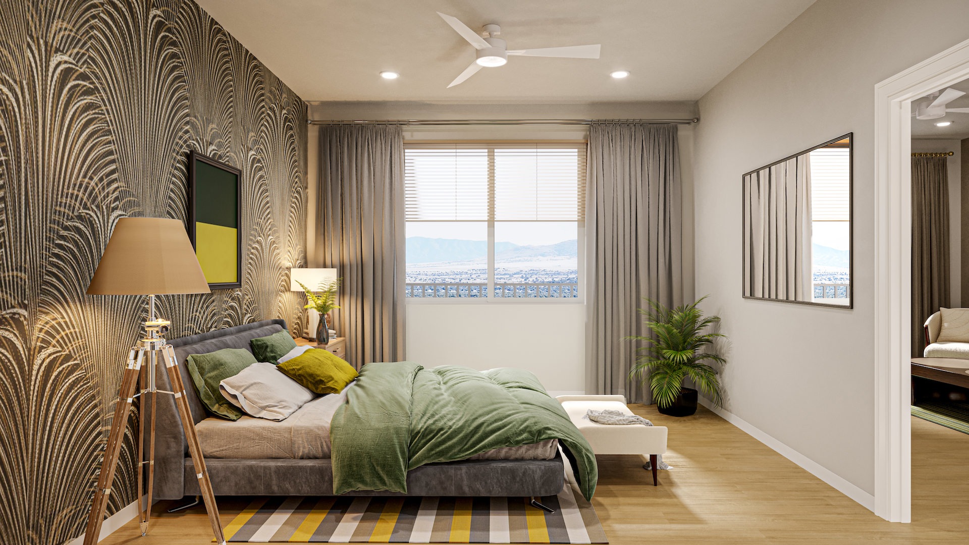 Large well lit bedroom with wood floors and large windows