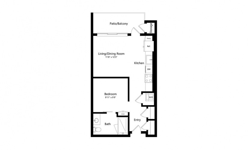 S1 - Studio floorplan layout with 1 bath and 565 square feet.