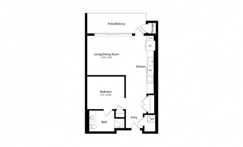 S2 - Studio floorplan layout with 1 bath and 640 square feet.