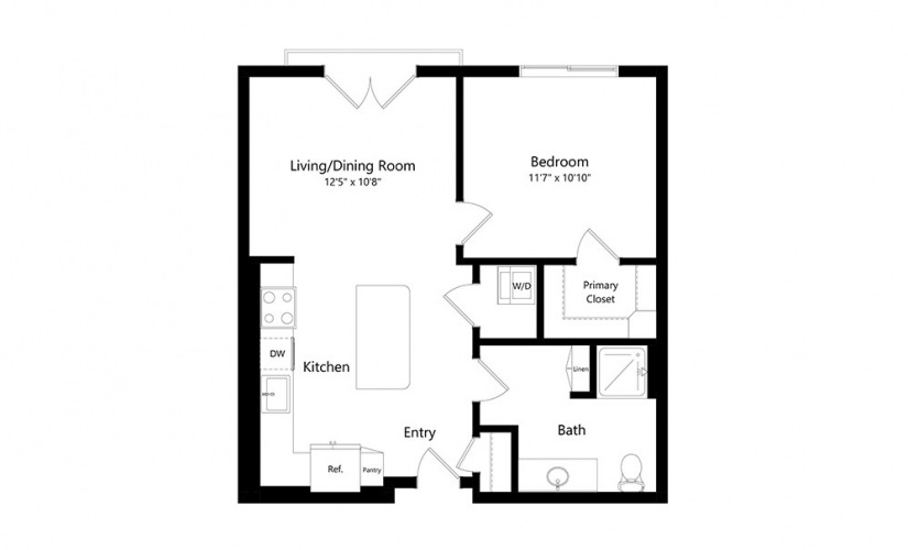 S3 - Studio floorplan layout with 1 bath and 658 square feet.